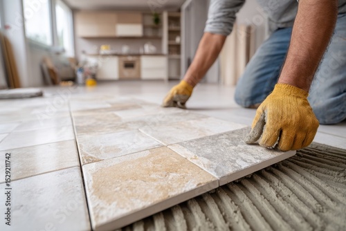 A skilled worker installing new ceramic floor tiles in a modern house, carefully placing them and ensuring precise alignment for a professional finish on the job site.