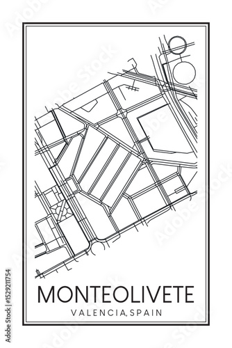 Hand drawn printable downtown road map poster of district MONTEOLIVETE of the Spanish city of VALENCIA on solid white background with city name