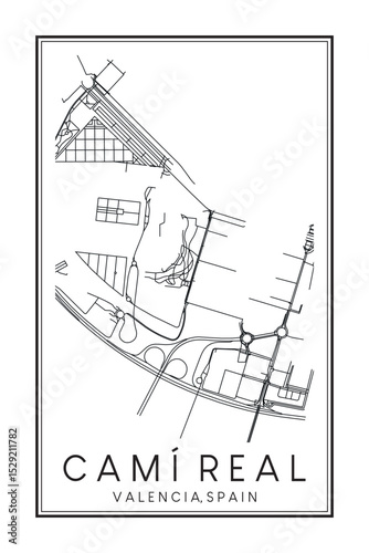 Hand drawn printable downtown road map poster of district CAMÍ REAL of the Spanish city of VALENCIA on solid white background with city name