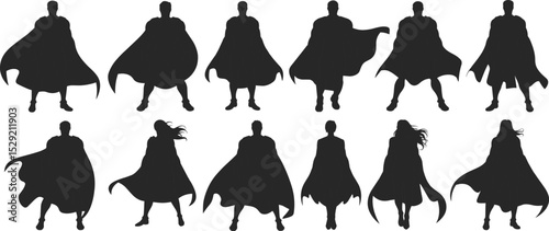 Silhouettes of superheroes in cape poses, male and female heroic figures, comic book style, action character vector illustration set