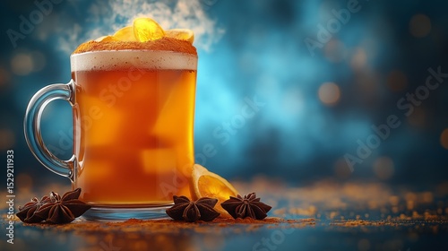 Hot Toddy Beverage: A steaming mug of hot toddy, garnished with lemon, sits amidst a dusting of cinnamon and star anise, inviting warmth and comfort on a cool evening.