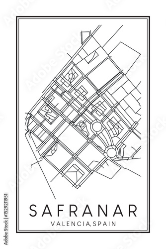 Hand drawn printable downtown road map poster of district SAFRANAR of the Spanish city of VALENCIA on solid white background with city name