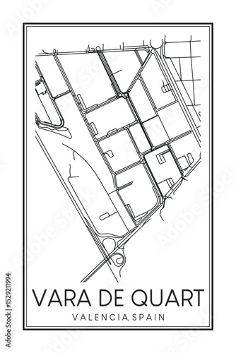 Hand drawn printable downtown road map poster of district VARA DE QUART of the Spanish city of VALENCIA on solid white background with city name