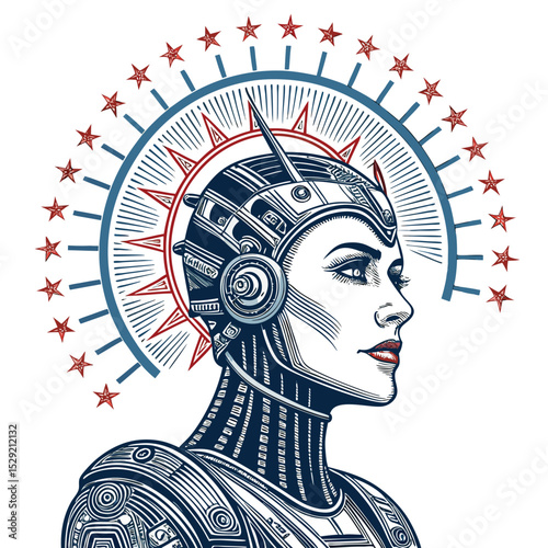 A majestic cyborg alien queen, regal and powerful, adorned with a halo of stars and intricate circuitry,  ruling a futuristic galaxy.