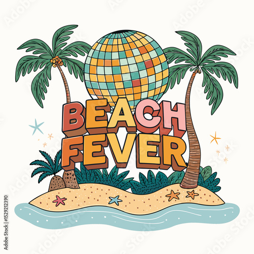 A shimmering disco ball reflects the sunset on a pristine tropical beach, palm trees sway, 70s vibe.