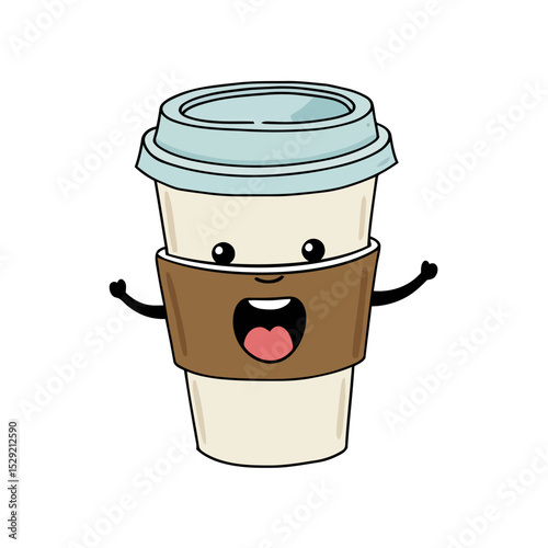 Coffee clip art of tall takeaway cup with lid and large smile, cartoon pastel drink mascot design