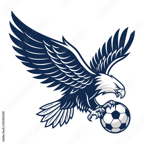 Design a dynamic logo featuring a majestic eagle in mid-flight, powerfully clutching a soccer ball.  The style should be bold and memorable.