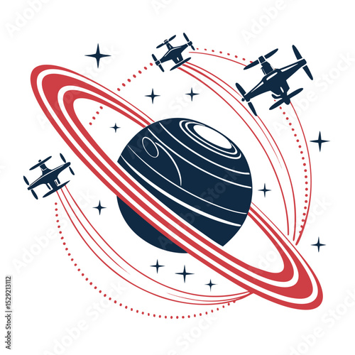 Design a logo featuring a swarm of drones circling a planet, isolated on a white background.  The design should be sleek and futuristic.