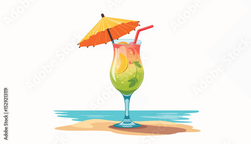 Tropical cocktail with umbrella on beach table, summer relaxation