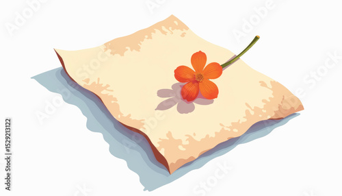 Delicate orange flower resting on travel paper, symbolism of nature