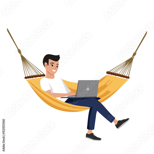 Man Working on Laptop in Hammock Outdoor Concept Illustration