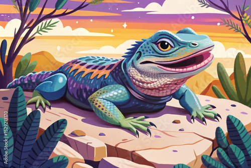 Vector illustration of a lizard sunbathing on a warm desert rock ideal for reptile-themed nature scenes, desert wildlife, and educational biology visuals
