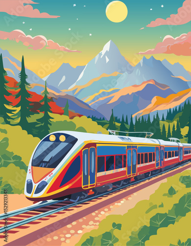 Modern Train in Scenic Mountain Landscape – Colorful Travel Illustration