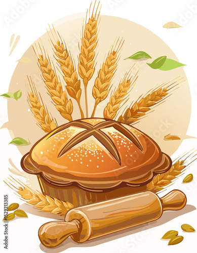 Bread, Wheat and Rolling Pin – Rustic Artisan Bakery Illustration