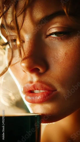 A close-up of a woman’s face with striking eyes, parted lips, and soft lighting, holding a dark mug near her mouth.