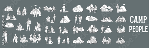 Camping People Vector Illustration – Hand-Drawn Men, Women, and Children in Outdoor Poses with Tents, Backpacks, and Gear for Architectural Drawings, Campsite Maps, and Recreational Design Projects

