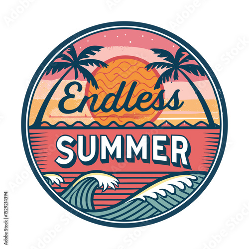 Design a retro-style badge featuring two stylized suns, one orange and one pink, with radiating rays, conveying a feeling of endless summer.  Include a text element "Endless Summer".
