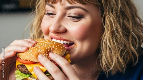 Woman enjoying delicious cheeseburger close-up