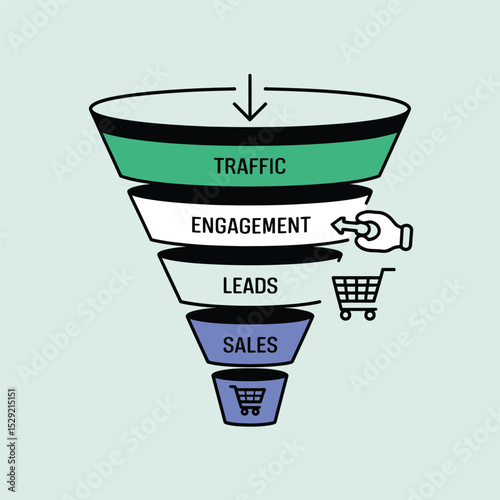 Marketing sales funnel diagram showing traffic engagement leads and sales stages