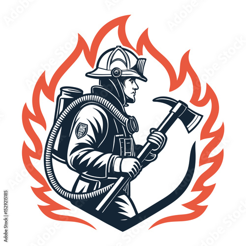 A powerful silhouette of a firefighter bravely standing within a fiery emblem formed by a coiled fire hose.