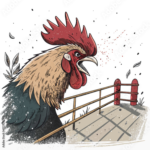 A fierce rooster, feathers ruffled, stands defiantly in a gritty boxing ring, a dilapidated sty visible in the background.