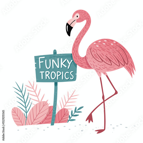 A vibrant flamingo stands gracefully beside a beach sign simply reading "FUN,"  under a bright sunny sky.  The scene evokes summer vacation vibes.