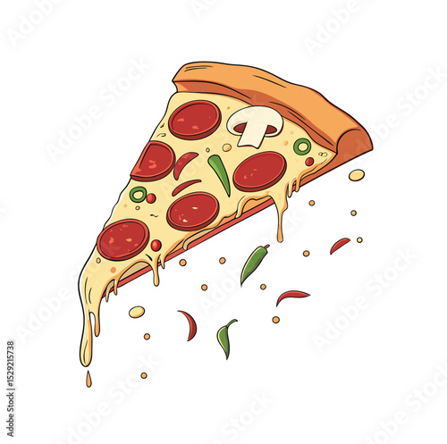 High-res vector of a pepperoni pizza slice in mid-air with dripping cheese, mushrooms, bell peppers, and crumbs. Clean, vibrant, dynamic design on a white background. Perfect for food themes.