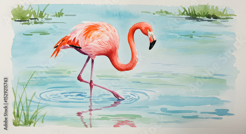 Flamingos search for food in the water, while reflecting their elegant pink beauty calmly.