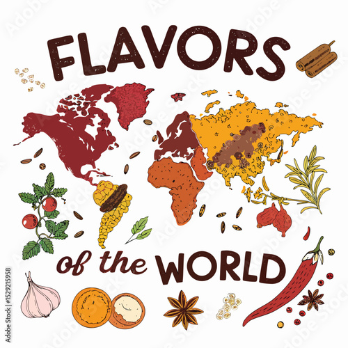 Design a vintage-style world map poster showcasing diverse culinary flavors, incorporating spices and vibrant colors.  Include illustrative elements representing each region's cuisine.