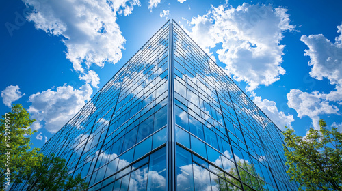 logistics center, headquarters or large office building under a blue sky