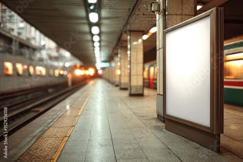 Wallpaper Mural A blank billboard advertisement in a subway station with passing trains providing commuters with valuable information as they travel through the city. Torontodigital.ca