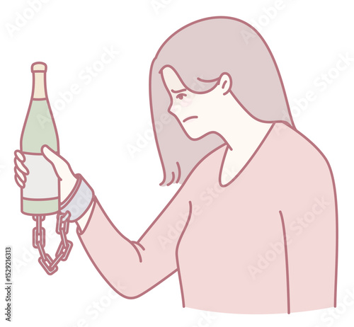An illustration depicting a woman restrained by chains while holding a bottle, symbolizing addiction.