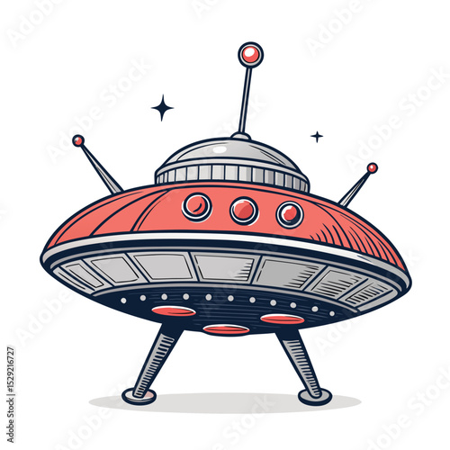 Retro-futuristic flying saucer illustration; metallic silver, blinking lights, vintage antennas, sci-fi aesthetic.
