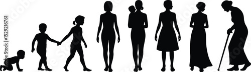 Silhouette of female life stages from crawling baby to elderly woman, aging timeline, growth process, black vector illustration design