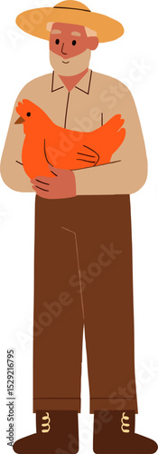 Smiling Male Farmer Holding Chicken Flat Vector Illustration