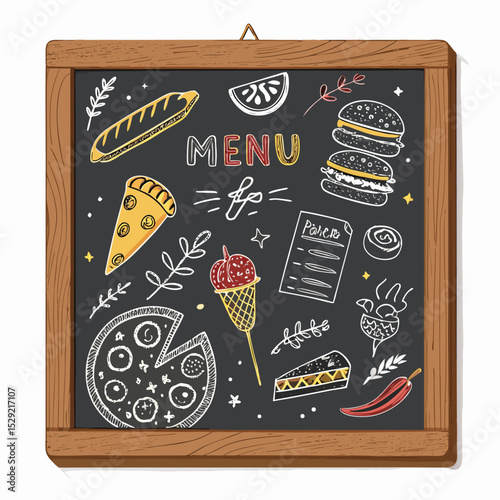 A whimsical framed chalkboard displaying an exaggerated, cartoonish recipe for a delicious-looking dish.  The food is comically oversized and detailed.