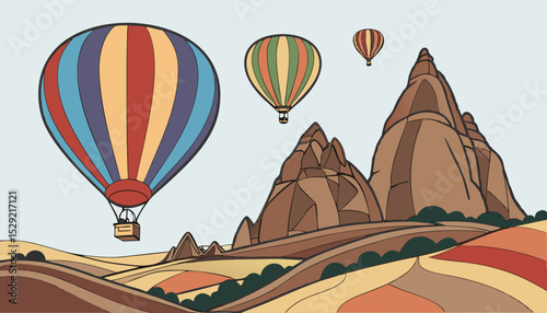 A dynamic vector scene of vibrant hot air balloons soaring over the iconic rock formations of Cappadocia, ideal for tourism, travel, or outdoor adventure concepts                              