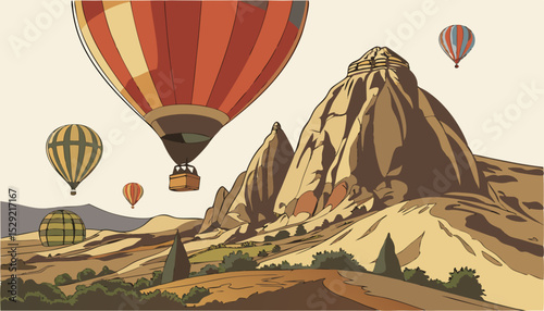 A dynamic vector scene of vibrant hot air balloons soaring over the iconic rock formations of Cappadocia, ideal for tourism, travel, or outdoor adventure concepts                              