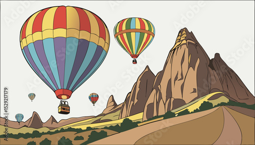 A dynamic vector scene of vibrant hot air balloons soaring over the iconic rock formations of Cappadocia, ideal for tourism, travel, or outdoor adventure concepts                              