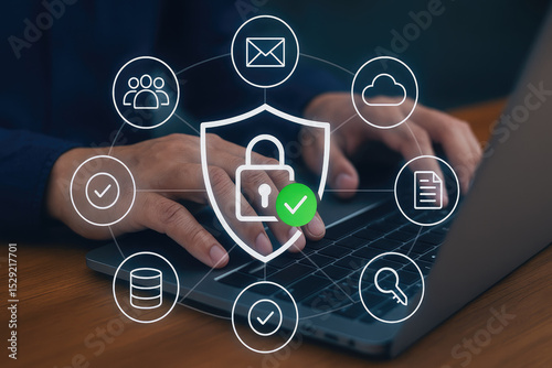 Cybersecurity concept with shield and digital icons for online protection awareness.