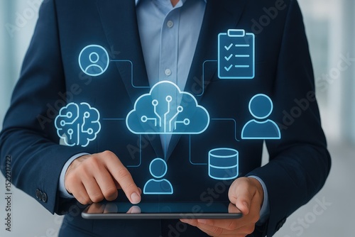 Businessman using tablet with digital cloud and data management icons for innovation.