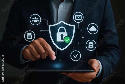 Focused professional managing digital security on a tablet device.