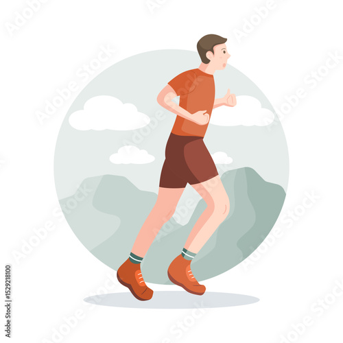 Young male runner jogging outdoors with mountain view. Running for fitness, health, and active lifestyle in flat style illustration.
