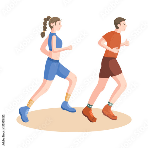 Man and woman running together, perfect for fitness, healthy lifestyle, and exercise themes. Flat vector illustration isolate on a white background.