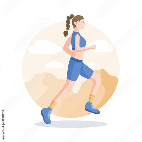 Young woman runner jogging outdoors with mountain background. Running for fitness, health, and active lifestyle in flat style illustration.