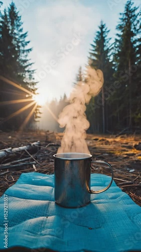Wallpaper Mural Hot steaming metal mug of tea or coffee in forest, cozy outdoor camping scene Torontodigital.ca