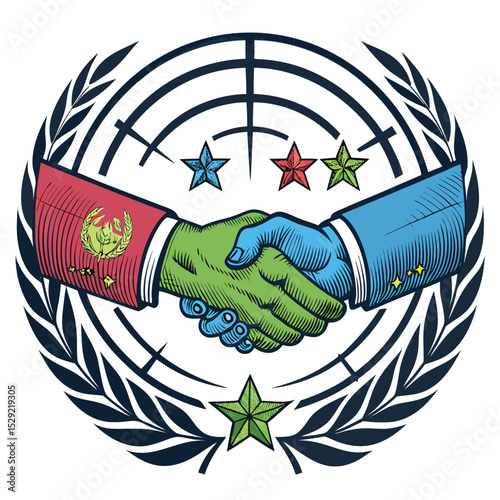 Design a galactic peace treaty emblem featuring two stylized alien hands clasped together, symbolizing unity and cooperation.  The emblem should evoke a sense of hope and interstellar harmony.
