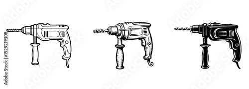 set of power drill vector illustrations, construction tool for building and renovation
