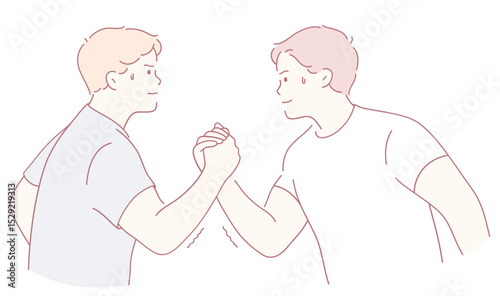 Two friends engage in a playful arm wrestling match, showcasing their strong bond and friendly competition