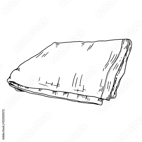 Folded linen napkin, black and white ink sketch. Vector illustration. Kitchen towel, insulated on a white background. It is drawn in a simple style. For food, cuisine, catering, and cleaning.